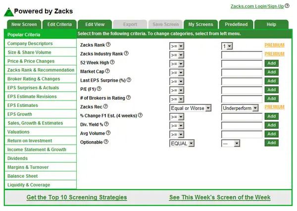 Zacks Stock Market Screener